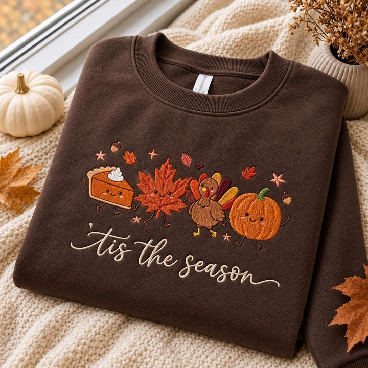 Thanksgiving Kawaii Pie Turkey Maple Leaf Pumpkin 'tis the Season embroidered sweatshirt — front view