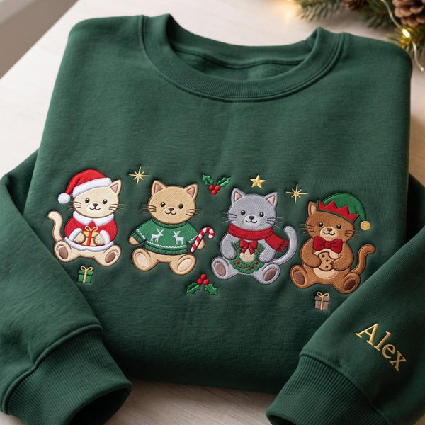 Personalized Christmas Four Kittens Santa Elf Ugly Sweater Candy Cane Custom Name embroidered sweatshirt — front view