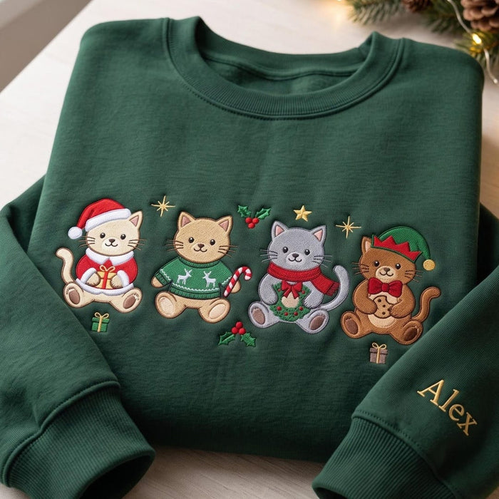 Personalized Christmas Four Kittens Santa Elf Ugly Sweater Candy Cane Custom Name Embroidered Sweatshirt