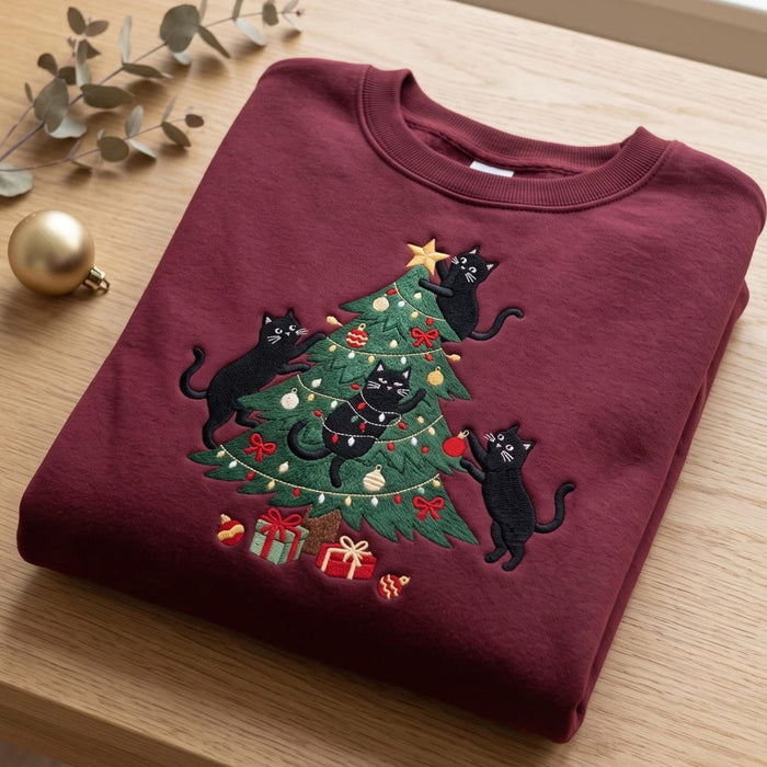 Personalized Black Cats Christmas Tree Climbing Star Ornaments Lights Gifts Custom Name Embroidered Sweatshirt