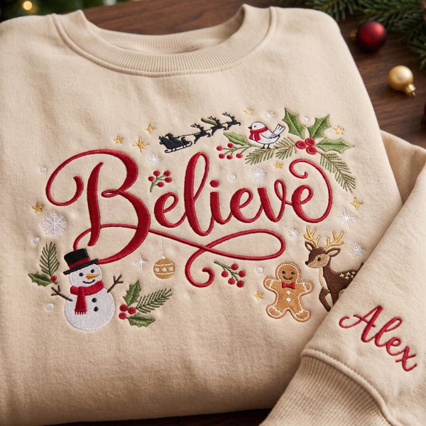 Personalized Believe Christmas Snowman Reindeer Gingerbread Santa Sleigh Holly Custom Name Sleeve embroidered sweatshirt — front view