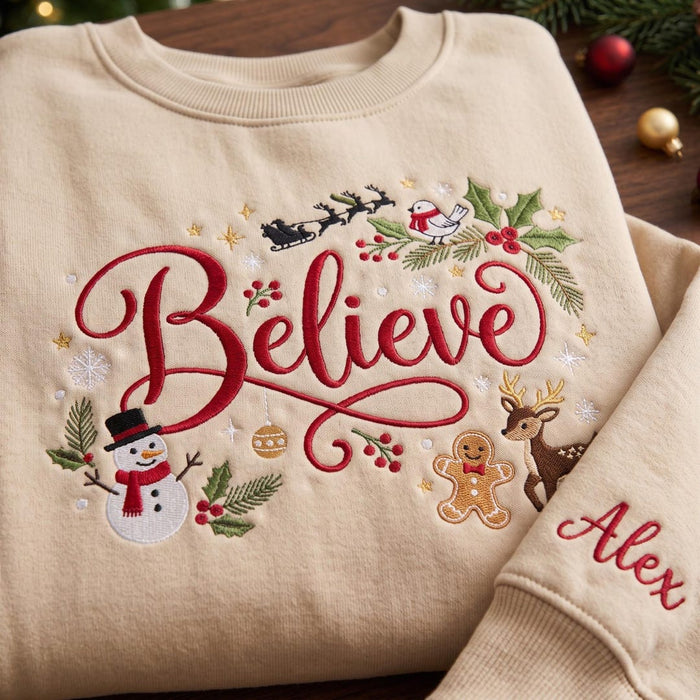 Personalized Believe Christmas Snowman Reindeer Gingerbread Santa Sleigh Holly Custom Name Sleeve Embroidered Sweatshirt