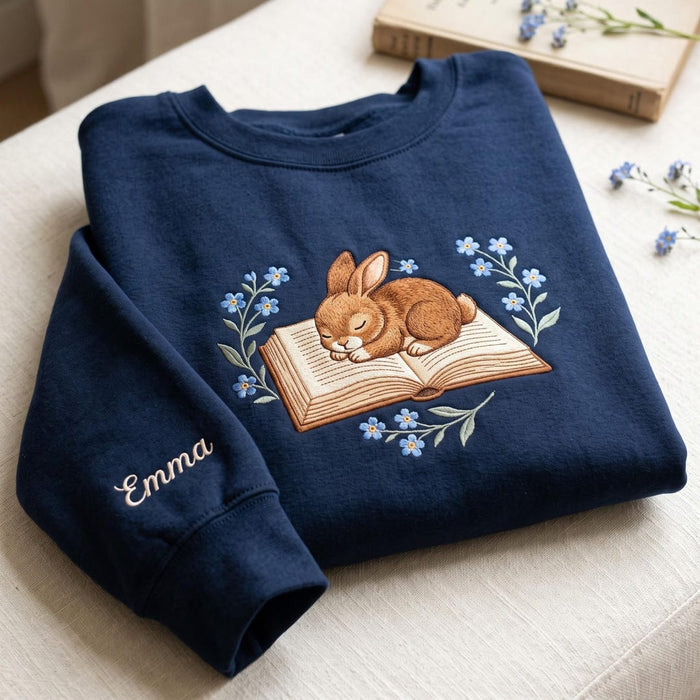 Personalized Sleeping Bunny Reading Book Forget-Me-Not Flowers Custom Sleeve Name Embroidered Sweatshirt