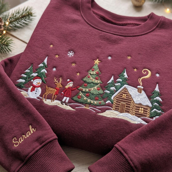 Personalized Christmas Winter Village Girl Reindeer Snowman Log Cabin Custom Name Sleeve embroidered sweatshirt — front view