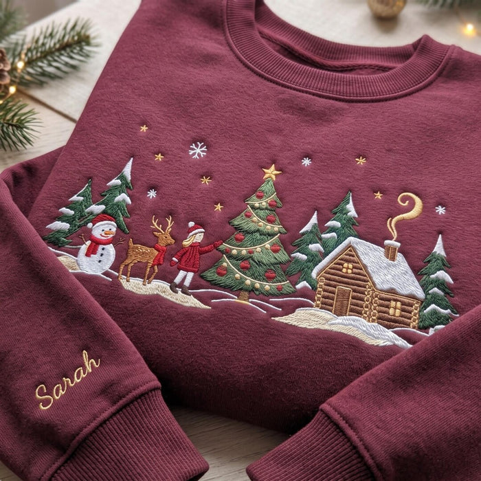 Personalized Christmas Winter Village Girl Reindeer Snowman Log Cabin Custom Name Sleeve Embroidered Sweatshirt