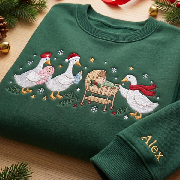 Personalized Christmas Goose Family Baby Stroller Santa Hat Snowflakes Custom Name Sleeve embroidered sweatshirt — front view