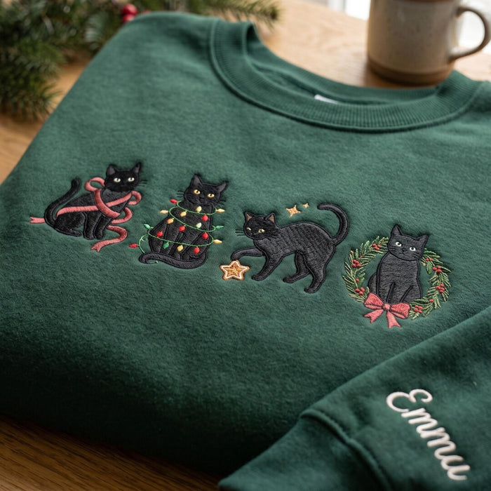 Personalized Christmas Four Black Cats Ribbon Lights Stars Wreath Custom Name Embroidered Sweatshirt