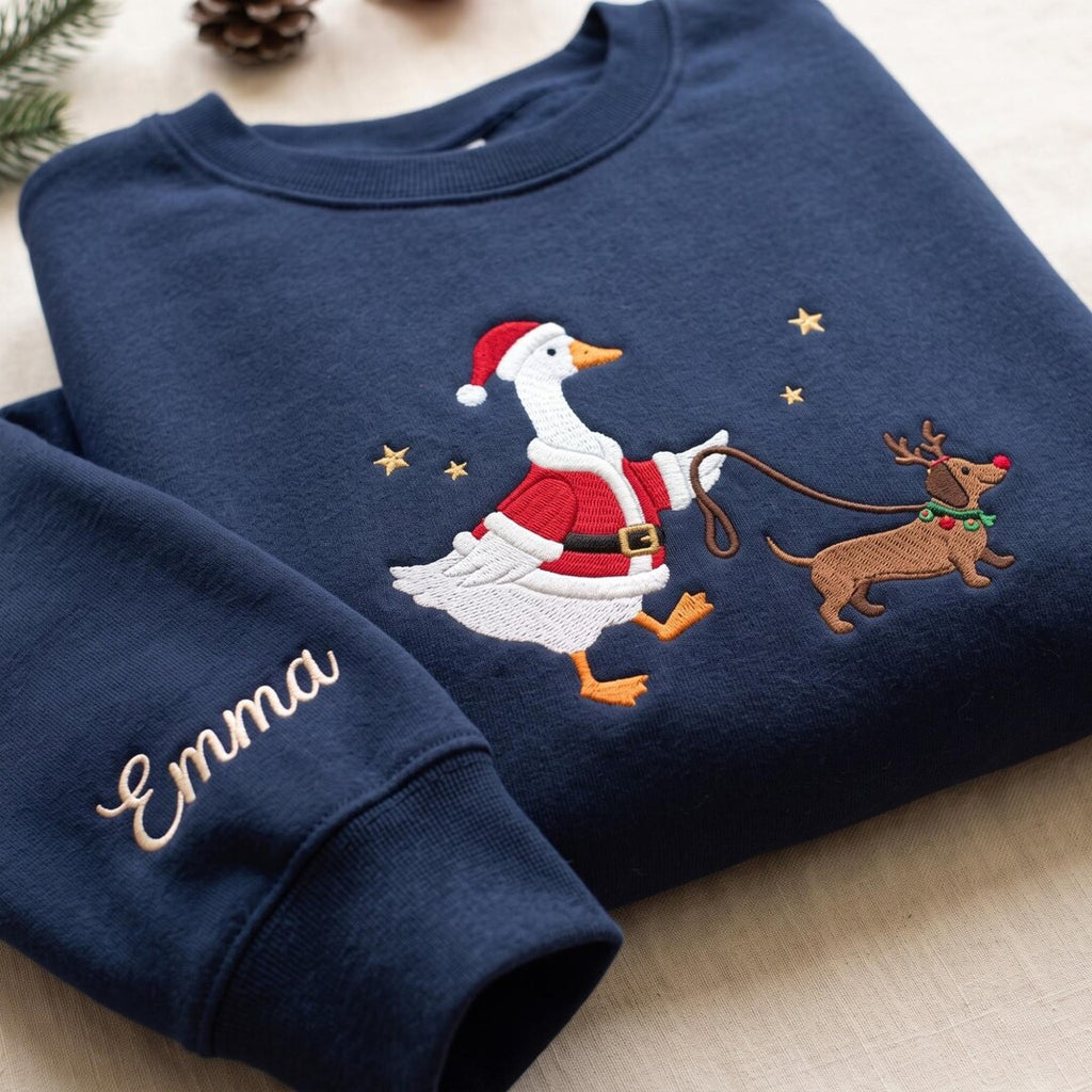 Personalized Christmas Santa Goose Walking Dachshund Reindeer Stars Custom Name Sleeve embroidered sweatshirt — front view