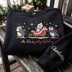 Personalized Christmas Penguins Sleigh Jolly Holiday Custom Name Sleeve embroidered sweatshirt — front view