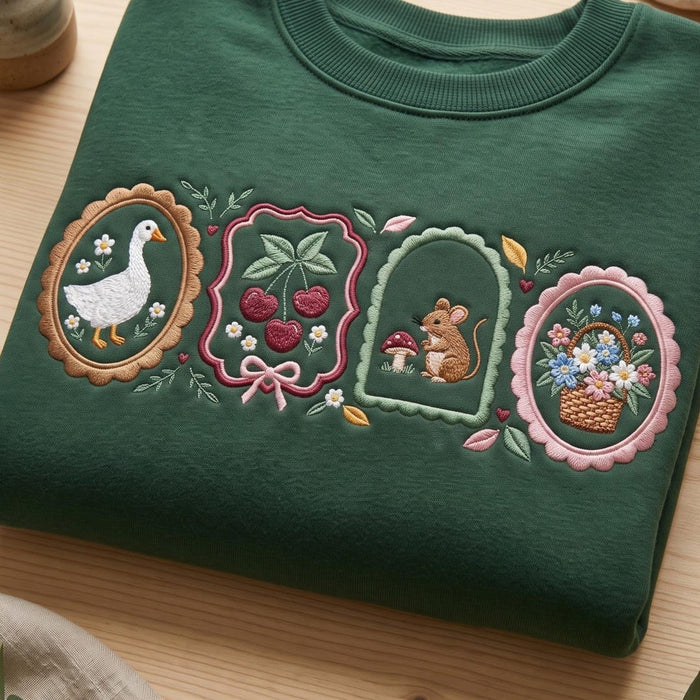 Cottagecore Goose Cherry Mouse Floral Basket Frames Custom Name Embroidered Sweatshirt