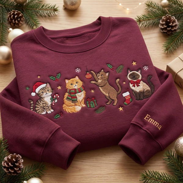 Personalized Christmas Four Cats Santa Hat Scarf Holiday Custom Name embroidered sweatshirt — front view