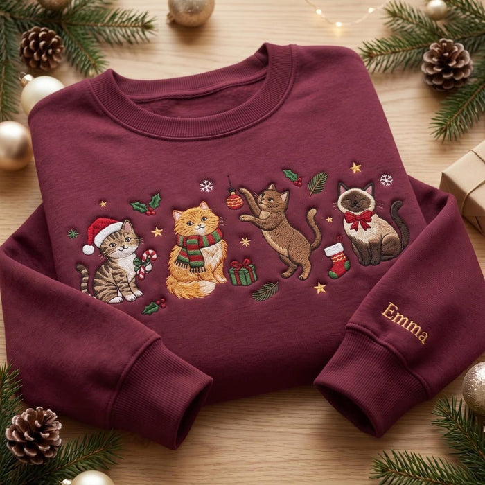 Personalized Christmas Four Cats Santa Hat Scarf Holiday Custom Name Embroidered Sweatshirt