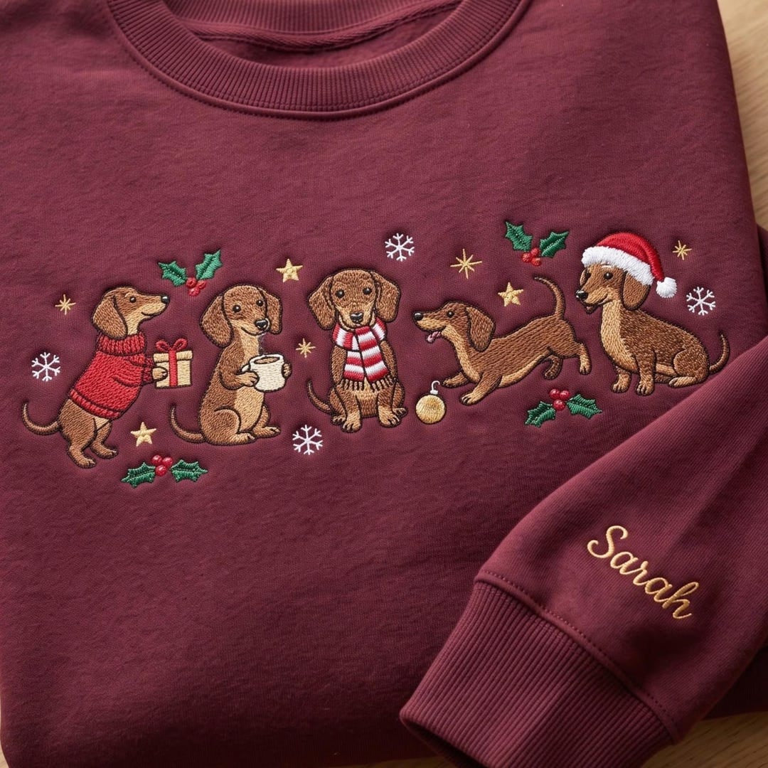 Personalized Christmas Dachshund Five Dogs Holiday Scene Custom Name embroidered sweatshirt — front view
