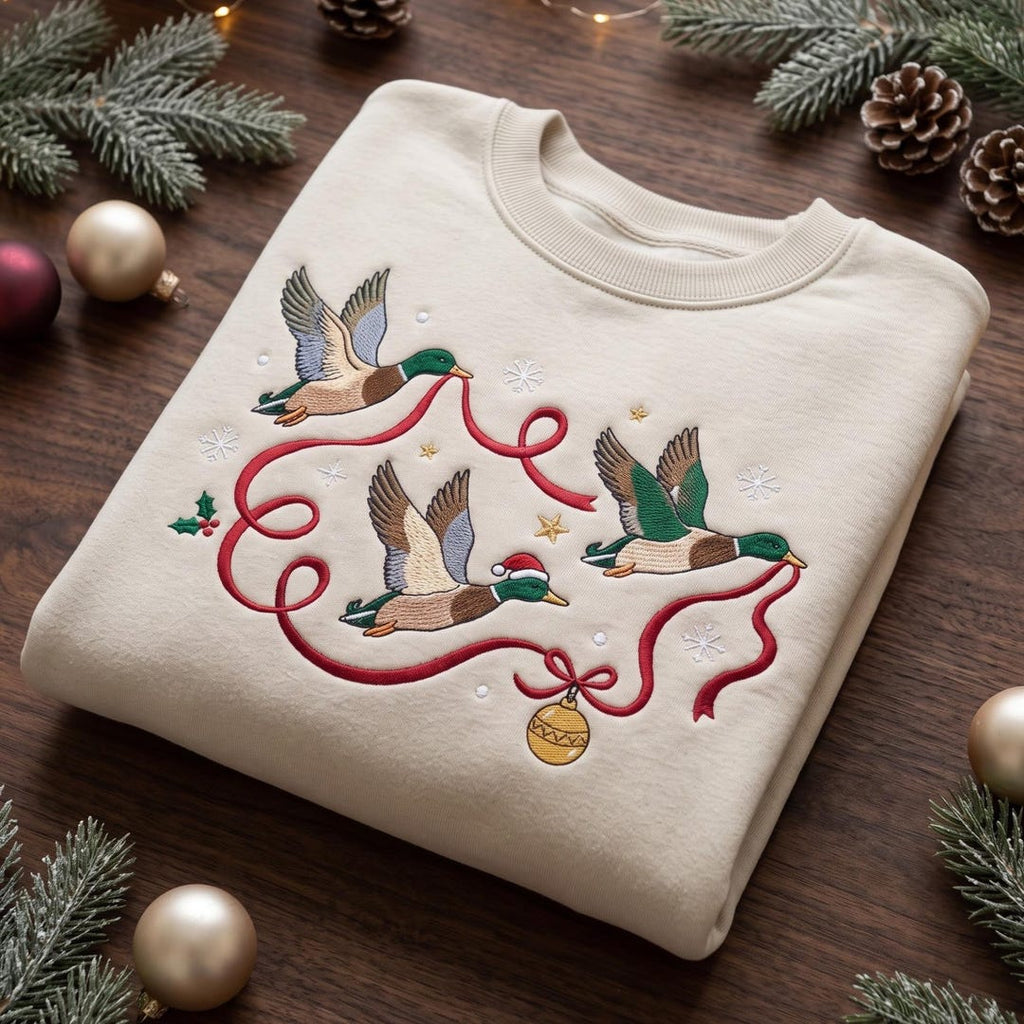 Christmas Mallard Ducks Flying Red Ribbon Santa Hat Ornament embroidered sweatshirt — front view