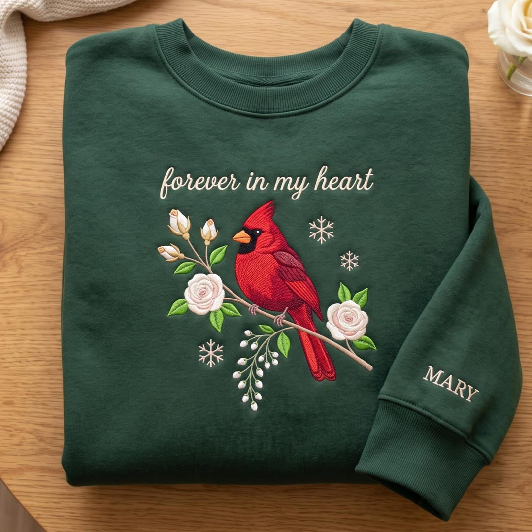 Personalized Cardinal Memorial Forever in My Heart Snowflakes White Roses embroidered sweatshirt — front view