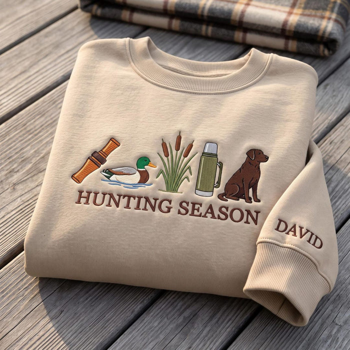 Personalized Hunting Season Duck Call Mallard Cattails Thermos Lab Dog Embroidered Sweatshirt