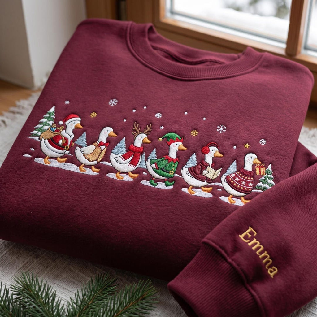 Personalized Christmas Goose Parade Santa Elf Reindeer Sweater Custom Name Sleeve embroidered sweatshirt — front view