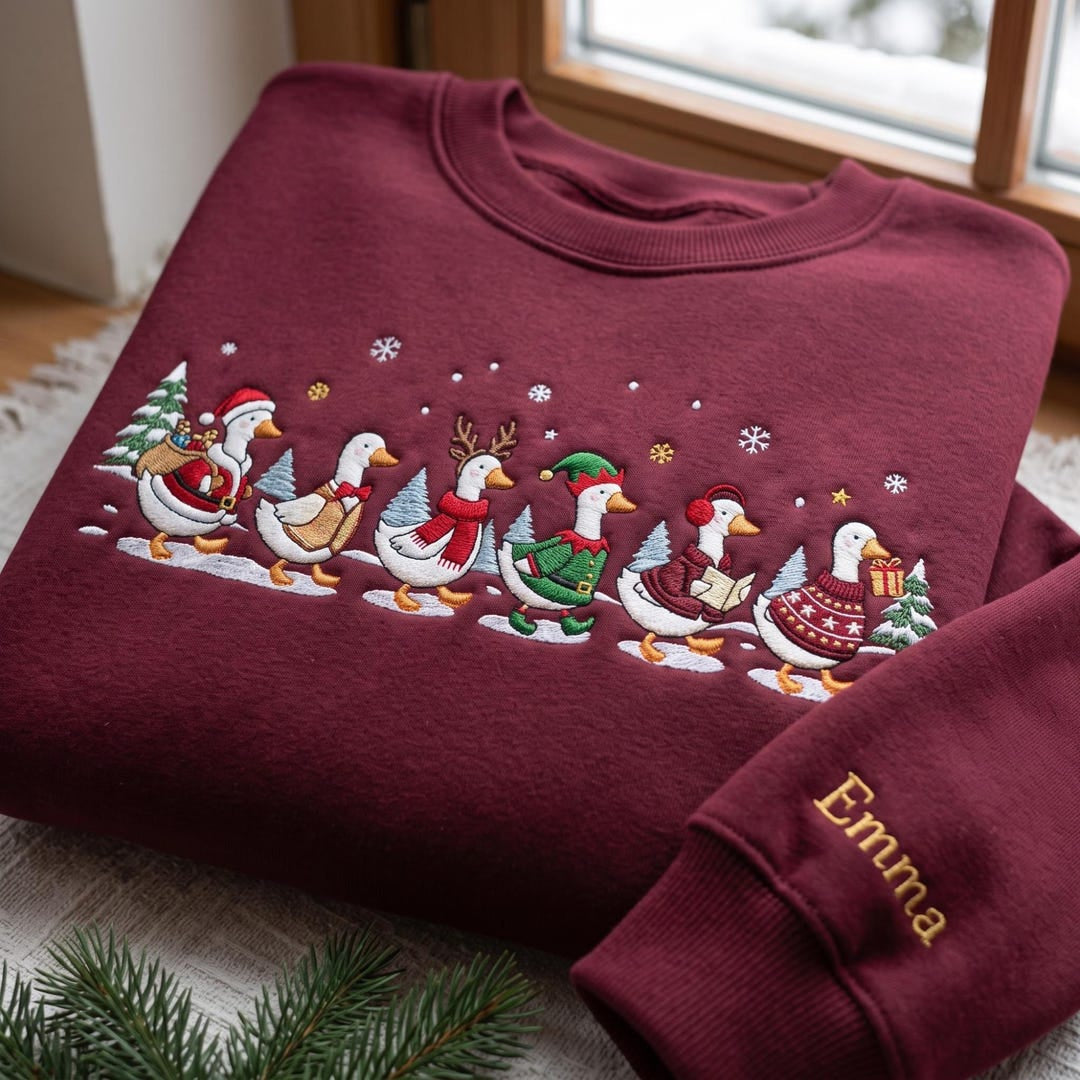 Personalized Christmas Goose Parade Santa Elf Reindeer Sweater Custom Name Sleeve embroidered sweatshirt — front view