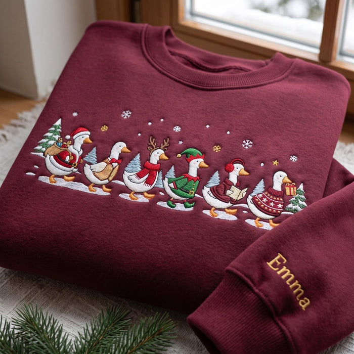 Personalized Christmas Goose Parade Santa Elf Reindeer Sweater Custom Name Sleeve Embroidered Sweatshirt