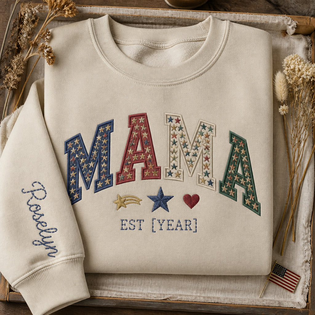 Personalized Patriotic Stars Mama EST Year embroidered sweatshirt — front view