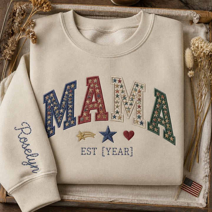 Personalized Patriotic Stars Mama EST Year embroidered sweatshirt — front view