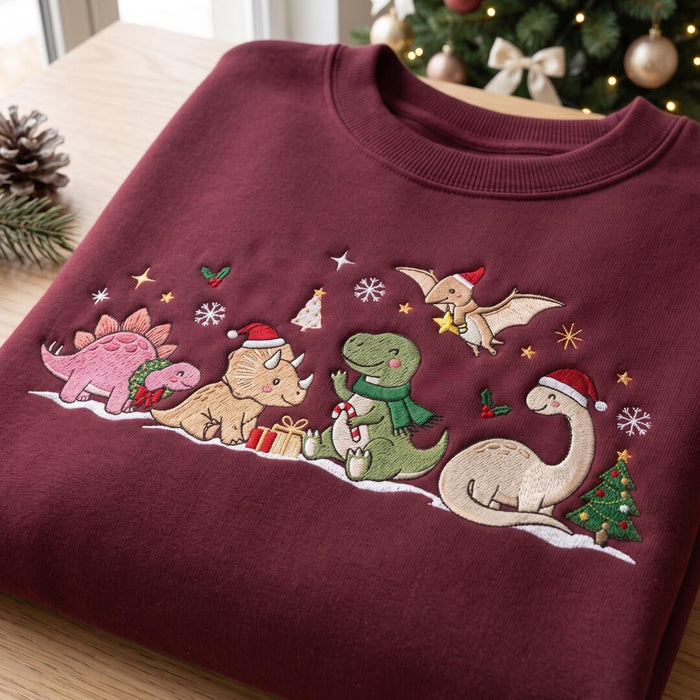 Personalized Christmas Dinosaurs Santa Hat Scarf Candy Cane Snow Custom Name Embroidered Sweatshirt