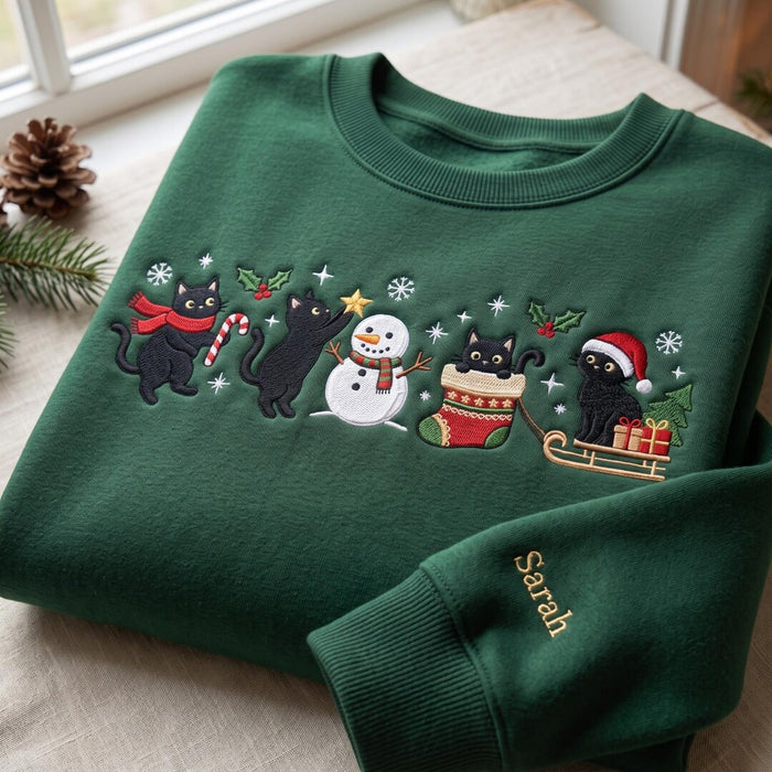 Personalized Black Cat Christmas Snowman Stocking Sleigh Santa Hat Snowflakes Custom Name Sleeve Embroidered Sweatshirt
