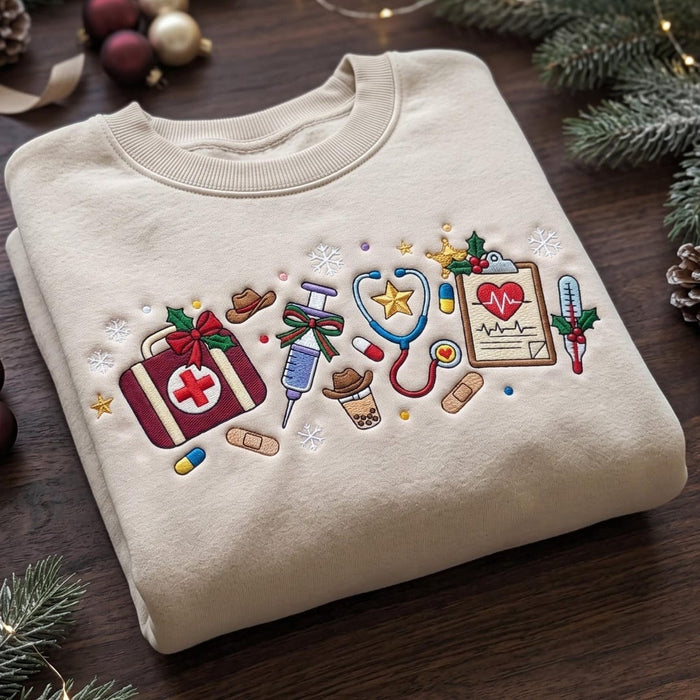 Personalized Christmas Nurse Medical Kit Syringe Stethoscope Ekg Clipboard Boba Cup Embroidered Sweatshirt