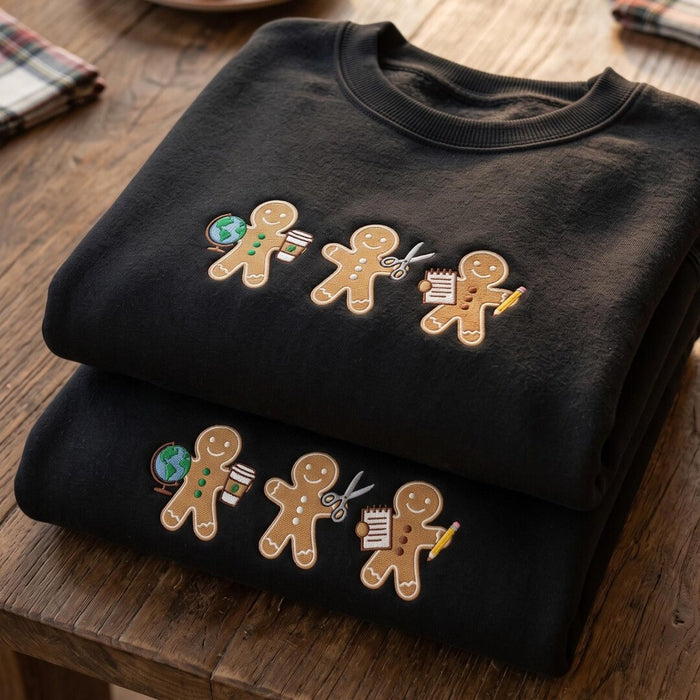 Christmas Teacher Gingerbread Men Globe Scissors Pencil Notebook Embroidered Sweatshirt