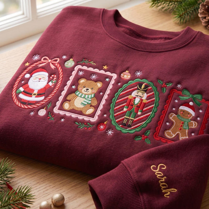 Personalized Christmas Santa Nutcracker Gingerbread Teddy Bear Framed Ornaments Custom Name Sleeve Embroidered Sweatshirt