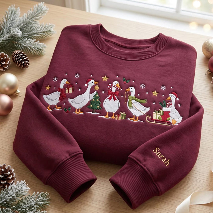 Personalized Christmas Geese Parade Santa Hat Scarf Sleigh Gifts Snowflakes Custom Name Sleeve Embroidered Sweatshirt