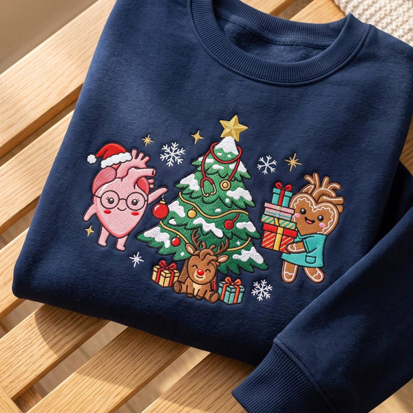 Christmas Cardiac Nurse Anatomical Heart Gingerbread Reindeer Stethoscope Tree embroidered sweatshirt — front view
