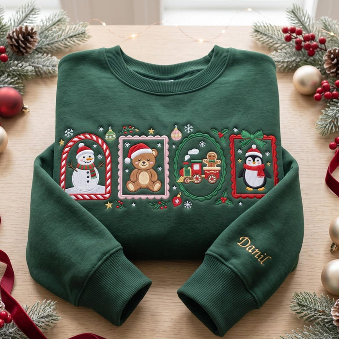 Personalized Christmas Snowman Teddy Bear Penguin Train Festive Frames Custom Name Sleeve Embroidered Sweatshirt