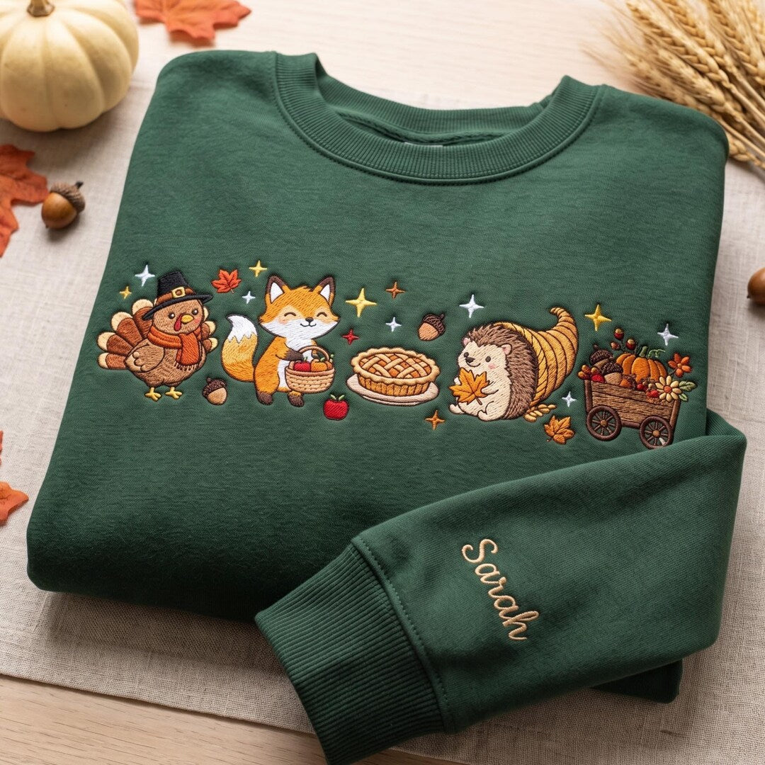 Personalized Thanksgiving Woodland Critters Fox Hedgehog Turkey Cornucopia embroidered sweatshirt — front view