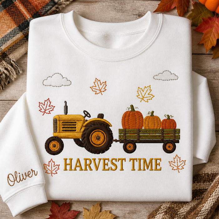 Personalized Fall Harvest Tractor Pumpkin Scene Kids Embroidered T-Shirt