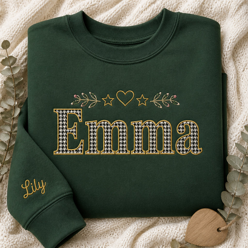 Personalized Houndstooth Script Name Family Appliqué embroidered sweatshirt — front view