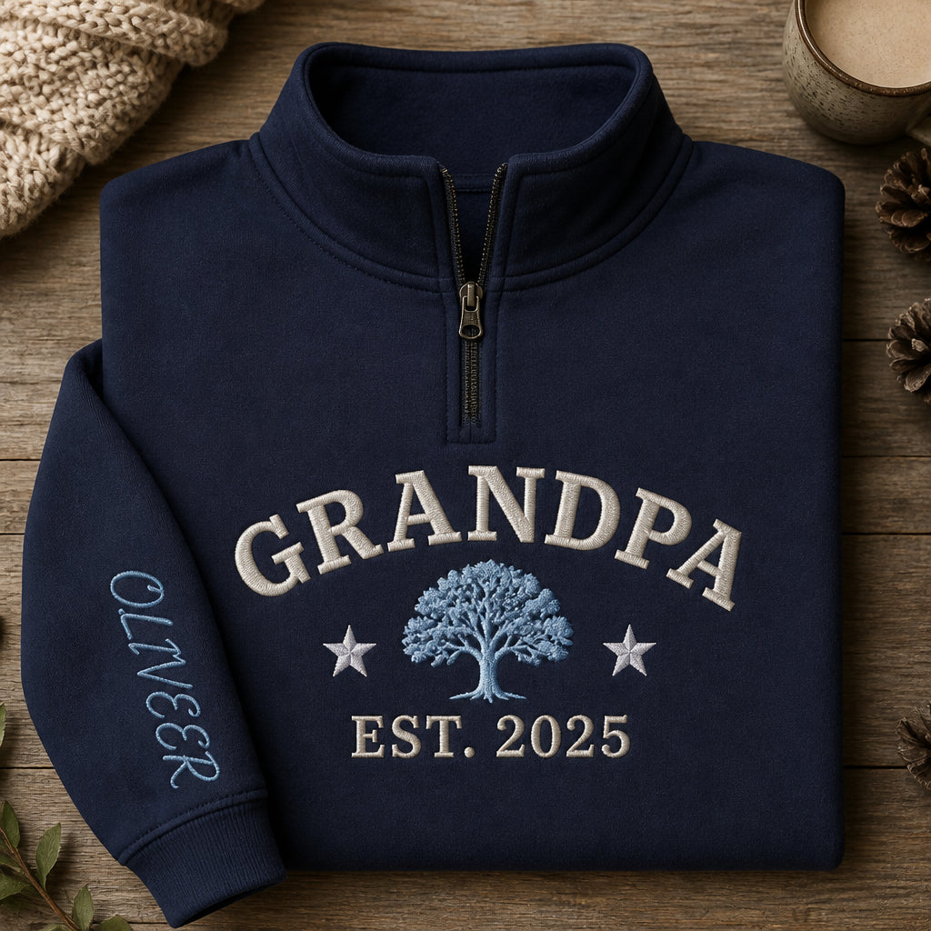 Personalized Grandpa EST 2025 with Grandkids Names embroidered quarter-zip — front view
