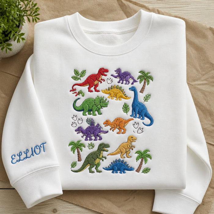 Personalized Dinosaur Initial Letter Kids Adventure Scene Embroidered Sweatshirt