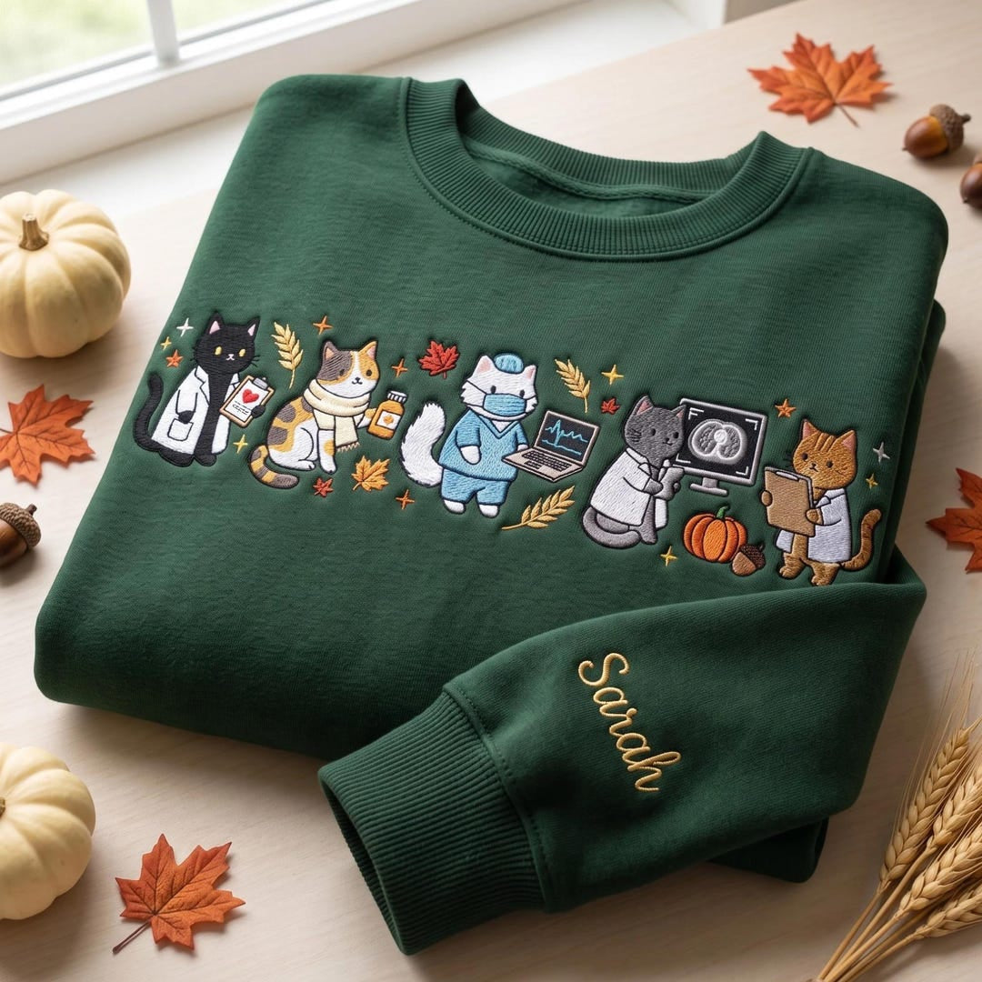 Personalized Fall Medical Cats Doctor Nurse Radiology Autumn Leaves Pumpkin Custom Name embroidered sweatshirt — front view