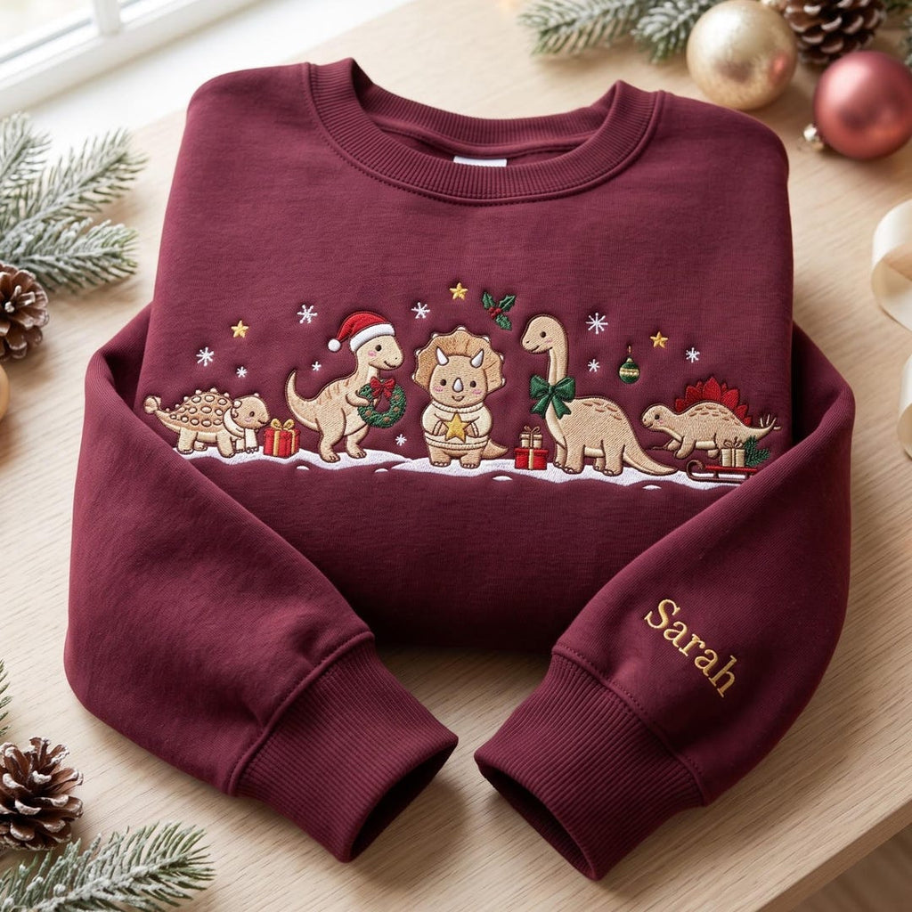 Personalized Christmas Dinosaur Santa Hat Wreath Snowflake Custom Name Sleeve embroidered sweatshirt — front view