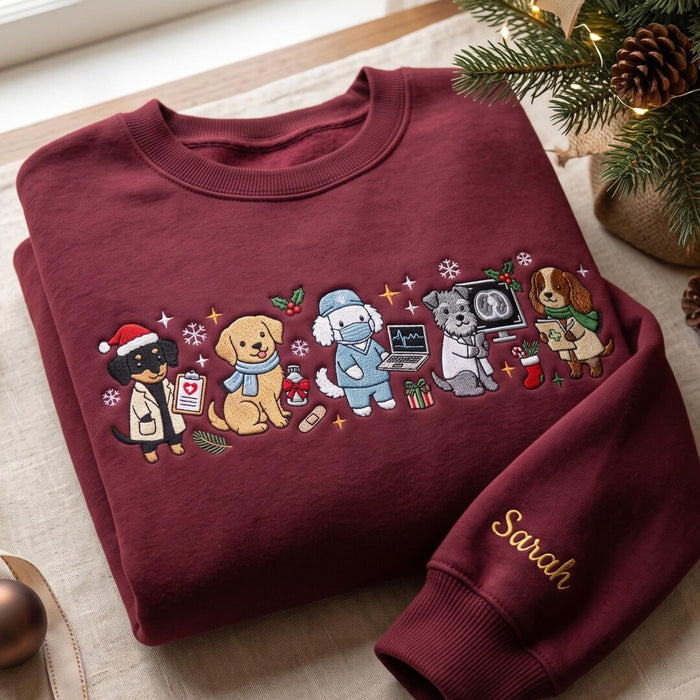 Personalized Christmas Veterinary Nurse Dogs Holiday Custom Name Sleeve Embroidered Sweatshirt