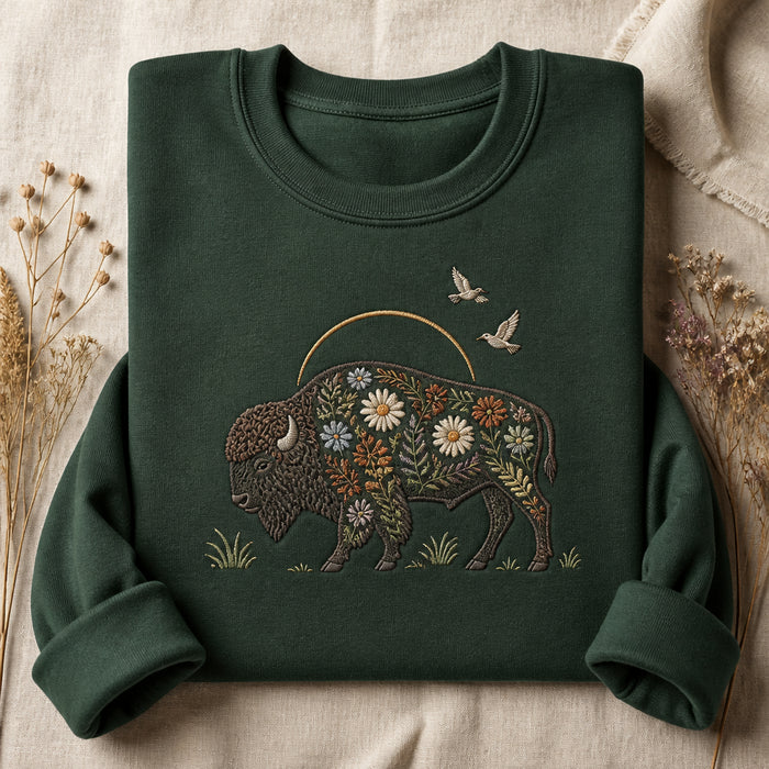 Wild Bison Meadow Scene Floral Chest Embroidered Sweatshirt