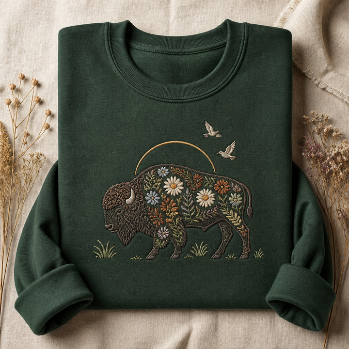 Wild Bison Meadow Scene Floral Chest embroidered sweatshirt — front view