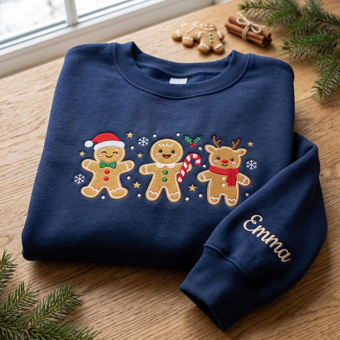 Personalized Christmas Three Gingerbread Men Reindeer Santa Hat Candy Cane Custom Name Sleeve Embroidered Sweatshirt