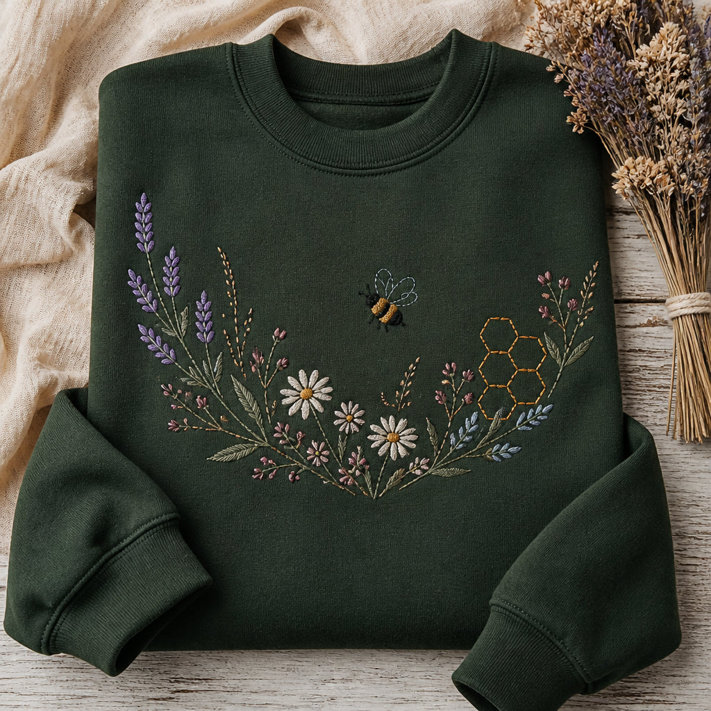 Bumblebee Garden Scene Wildflower Cottagecore Nature Lover embroidered sweatshirt — front view