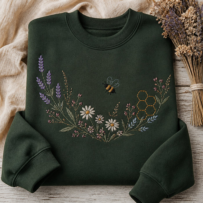 Bumblebee Garden Scene Wildflower Cottagecore Nature Lover Embroidered Sweatshirt
