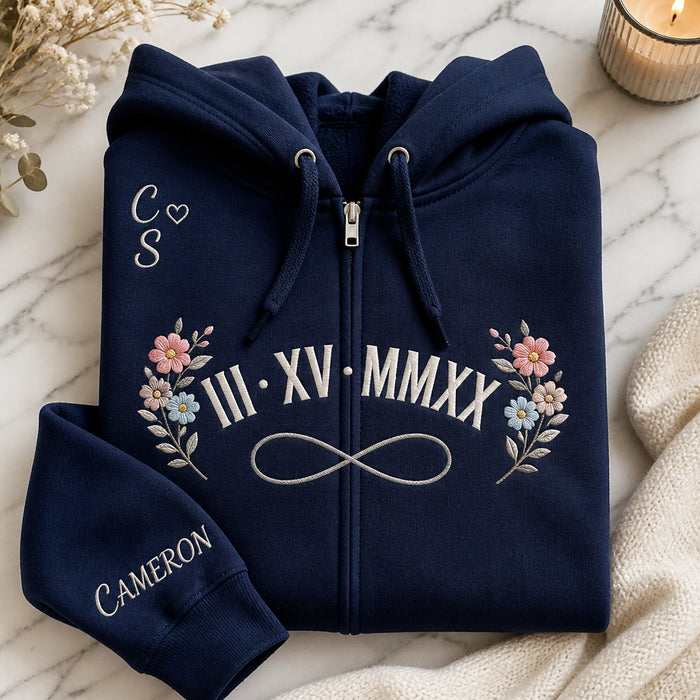 Personalized Anniversary Roman Numeral Couple Zip-Up Embroidered Hoodie