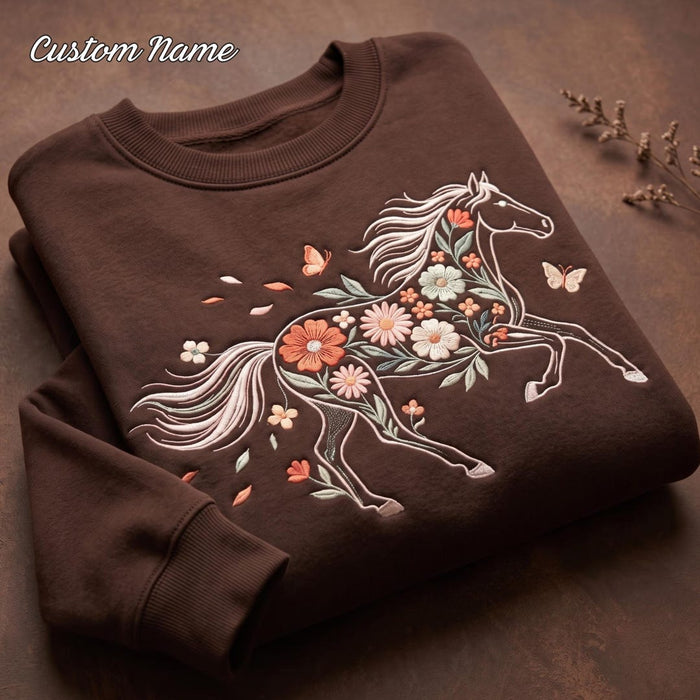 Personalized Floral Horse Botanical Wildflower Butterflies Custom Name Embroidered Sweatshirt