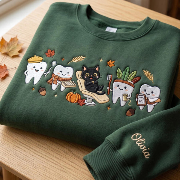 Personalized Fall Dentist Cute Tooth Characters Black Cat Autumn Leaves embroidered sweatshirt — front view