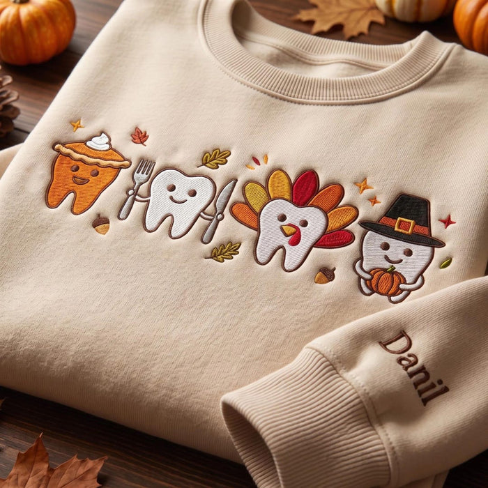 Personalized Thanksgiving Dentist Cute Tooth Characters Harvest Embroidered Sweatshirt
